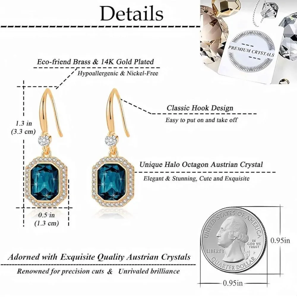 14K Yellow Gold with London Blue Topaz Austrian Crystal Octagon Halo Earrings
